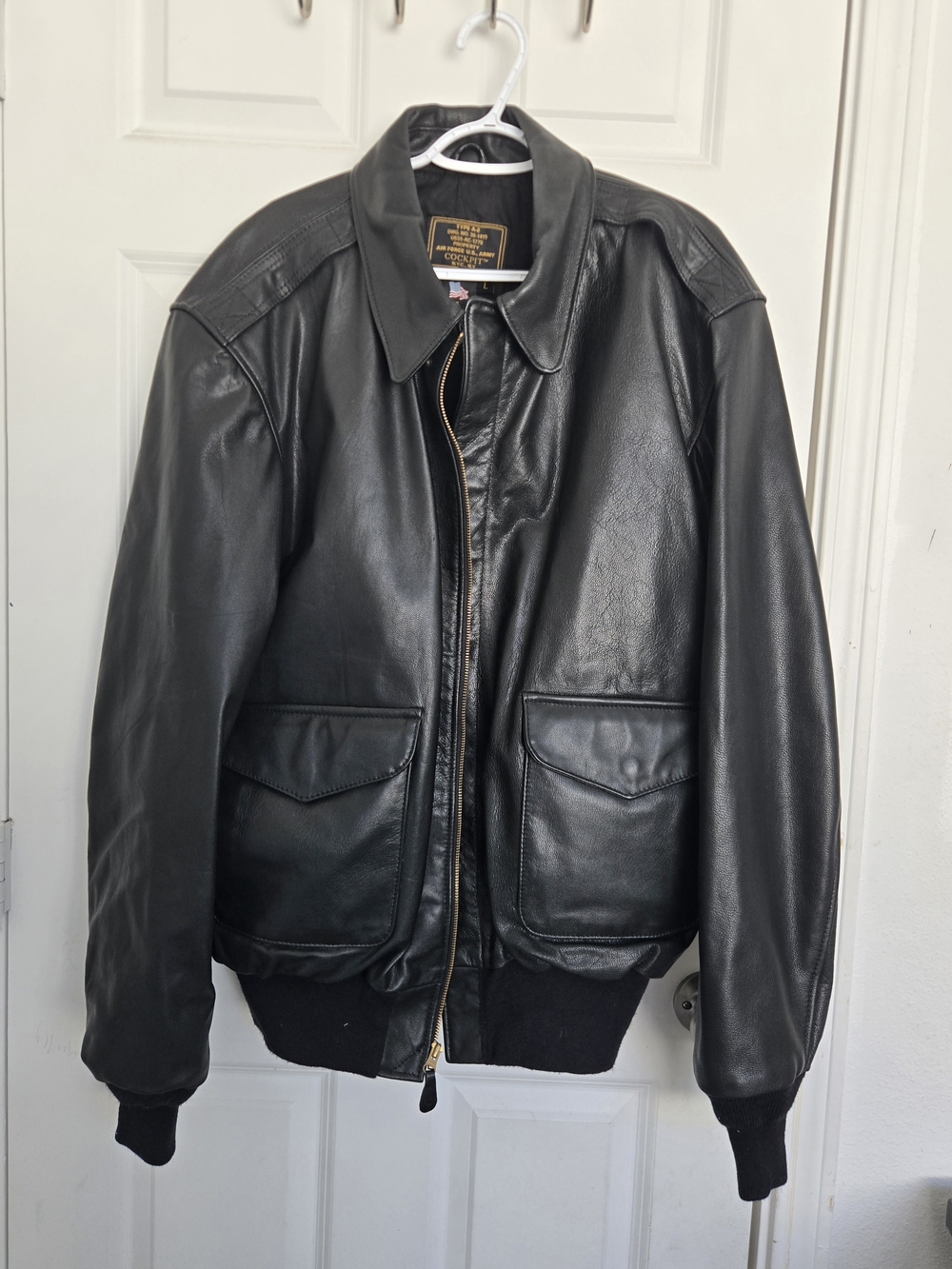 Classic Black Leather Bomber Jacket BRAND: Cockpit USA